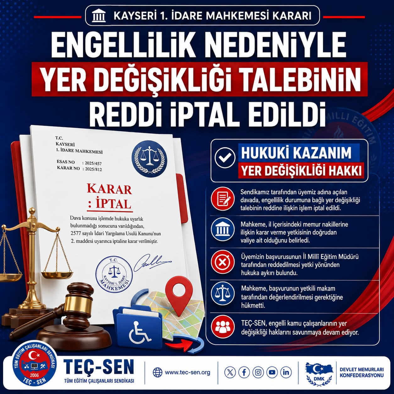 ENGELLİ MEMURUN YER DEĞİŞİKLİĞİ TALEBİNDE EMSAL KARAR